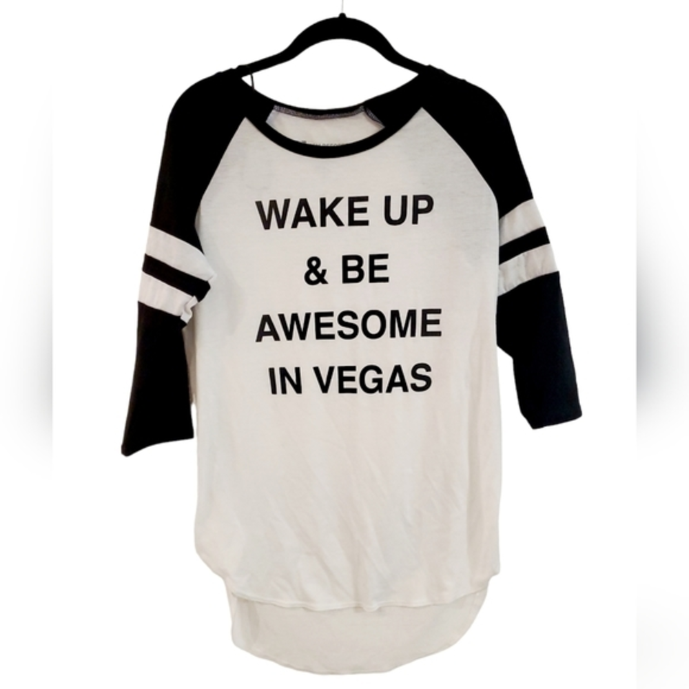MGM Resorts Women's Black White Wake up in Vegas Baseball T-Shirt Medium
